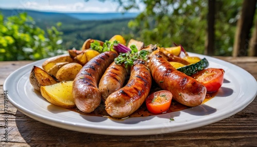 a mouthwatering shot of a delicious sausage dinner served up on a white plate the plate is piled high with juicy sausages roasted potatoes and colorful vegetables all cooked to perfection
