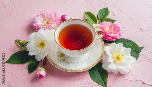 a cup of tea and flowers on pink background