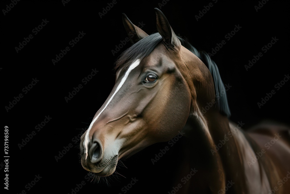 Obraz premium Head of bay horse close up on black background. Generative AI