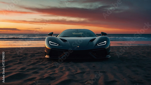a luxurious and elegant black sports car looks out front and is on the beach in the afternoon