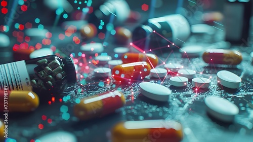 Futuristic Pharmaceutical Pills and Capsules Surrounded by Digital Network Connections