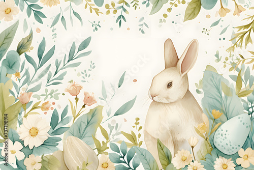 Springtime Serenity: A Fluffy White Bunny Amidst Blooming Flowers and a Beautifully Decorated Egg
