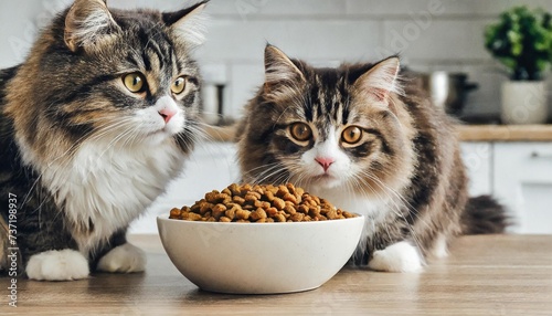 two cute fluffy cats eats pet food from bowl kitten is not eating healthy food for pets dietary balanced modern interior white kitchen no people place for text opy space generative photo