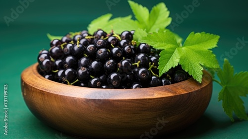 Black currant berries in a wooden bowl on a green background. Fresh black currant background. Top view. Close up of fresh black currants background. Healthy food concept