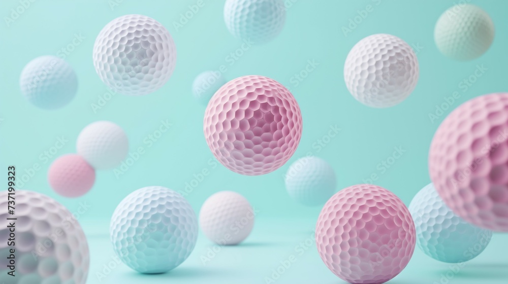 Many pastel golf balls falling on pastel blue background. Minimal creative sport concept. Many pastel golf balls falling on pastel blue background. Minimal creative sport concept.