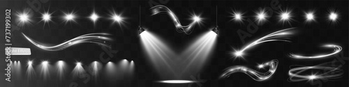Light white wave and spotlight shine effect,vector glow line sparkle shine. Silver wavy effects.	
