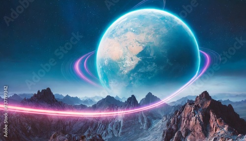 futuristic fantasy landscape sci fi landscape with planet neon light