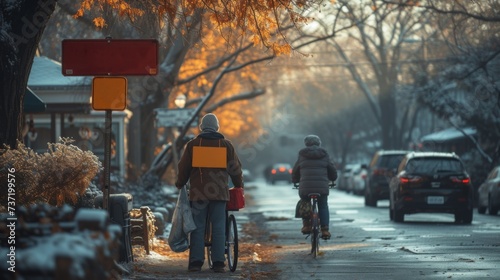 Winter's Glow: Commuters and Cyclist on Snow-Dusted Street at Twilight
