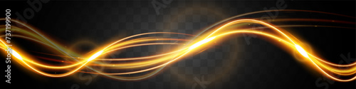 Light wave,shiny gold lines.Color glowing design element.Wavy bright stripes.Vector illustration.	

