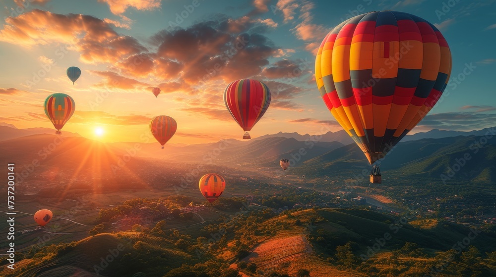 Hot Air Balloon Adventure, a whimsical scene of colorful hot air balloons soaring over picturesque landscapes during a balloon festival. Hot Air Balloon Adventure, a whimsical scene of colorful hot air balloons soaring over picturesque landscapes during a balloon festival.