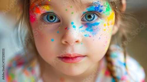 Close-up, Pretty face of a beautiful child girl with multi colors vivid makeup on minimal background