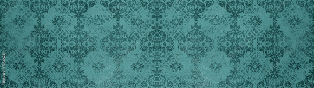 Turquoise retro vintage arabesque wallpaper tile wall texture background banner panorama with floral flowers leaves print, seamless pattern - obrazy, fototapety, plakaty 