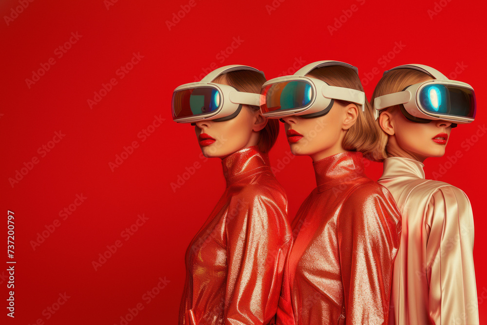 A stylish group of women standing against a wall, adorned with fashionable goggles and sunglasses, adding an edgy touch to their clothing and hats A stylish group of women standing against a wall, adorned with fashionable goggles and sunglasses, adding an edgy touch to their clothing and hats