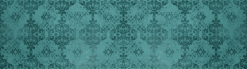Turquoise retro vintage arabesque wallpaper tile wall texture background banner panorama with floral flowers leaves print, seamless pattern