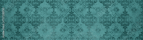 Turquoise retro vintage arabesque wallpaper tile wall texture background banner panorama with floral flowers leaves print, seamless pattern photo