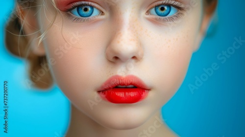 Close-up  Pretty face of a beautiful child girl with multi colors vivid makeup on minimal background