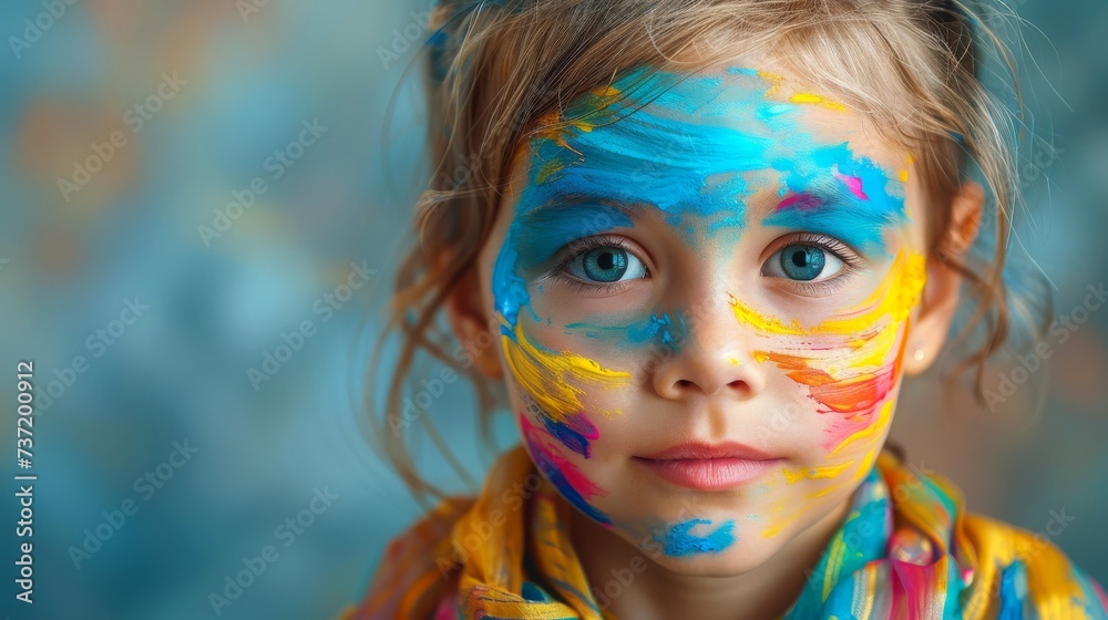 Close-up, Pretty face of a beautiful child girl with multi colors vivid makeup on minimal background Close-up, Pretty face of a beautiful child girl with multi colors vivid makeup on minimal background