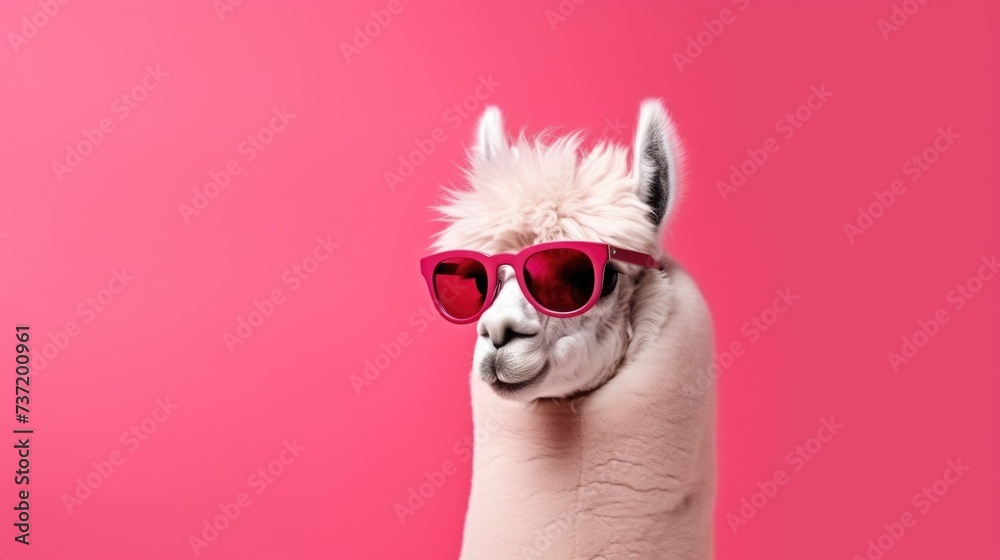 Creative animal concept. Alpaca in glam fashionable couture high end outfits isolated on bright background advertisement, copy space