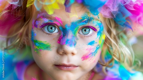 Close-up, Pretty face of a beautiful child girl with multi colors vivid makeup on minimal background © AITTHIPHONG
