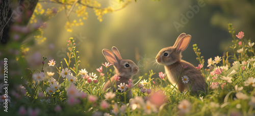 Sunset Serenity  A Young Rabbit Amidst Blooming Wildflowers Bathed in Golden Hue