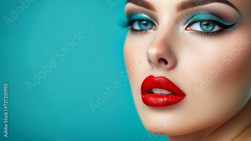 Close-up  Pretty face of a beautiful woman with multi colors vivid makeup on minimal background