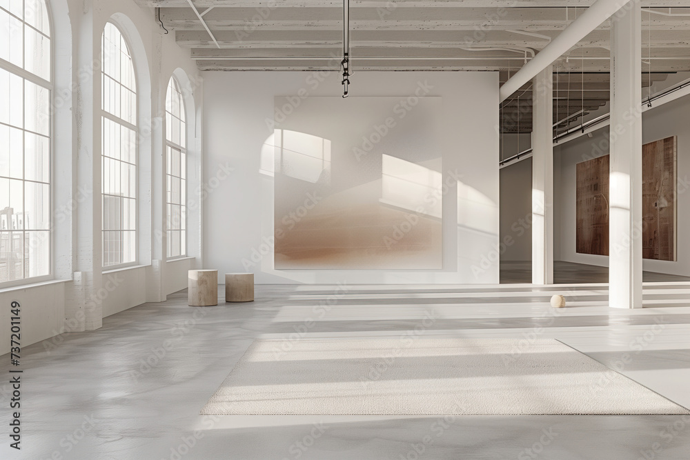 Empty art gallery interior. Background image. Created with Generative AI technology Empty art gallery interior. Background image. Created with Generative AI technology