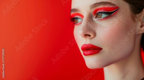 Close-up  Pretty face of a beautiful woman with multi colors vivid makeup on minimal background