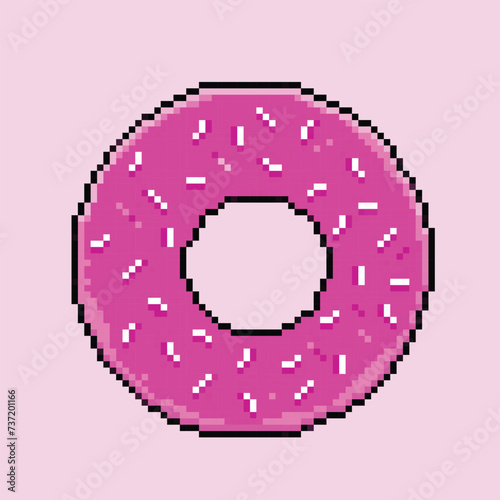 Pink sugary sweet strawberry donut with sprinkles. Pixel bit retro game styled vector illustration drawing. Simple flat cartoon drawing isolated on square background.