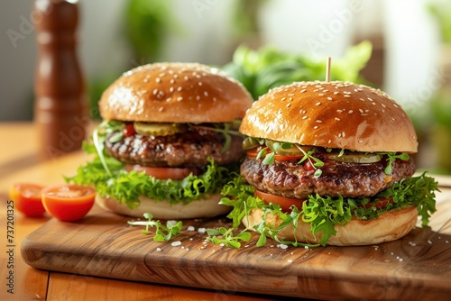 Rustic Gastronomy: Two Hamburgers with Side Dishes on Wooden Counter in Naturalistic Style