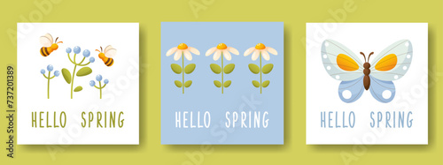 Set of spring cards, text hello spring. Postcard with butterfly, flowers and bee. Delicate design of invitation cards, Panera on a spring theme. Spring came. Vector square illustration template.