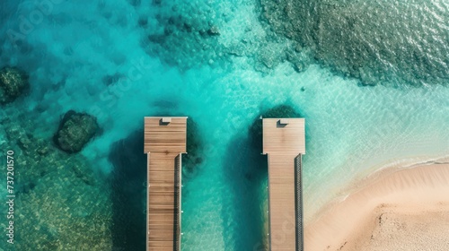an aerial view of two wooden piers on a beach next to a body of water with a rock formation in the middle of the water. photo