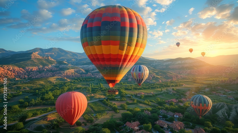 Obraz premium Hot Air Balloon Adventure, a whimsical scene of colorful hot air balloons soaring over picturesque landscapes during a balloon festival.