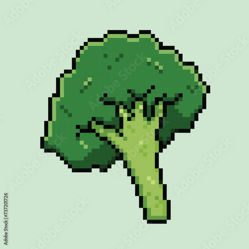 Broccoli green vegetable. Pixel bit retro game styled vector illustration drawing. Simple flat cartoon drawing isolated on square background.