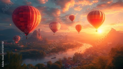 Hot Air Balloon Adventure, a whimsical scene of colorful hot air balloons soaring over picturesque landscapes during a balloon festival.