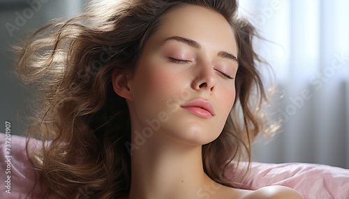 Beautiful Caucasian woman with long brown curly hair and closed eyes generated by AI