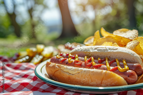 A picnic scene featuring a plate of classic hot dogs with ketchup and mustard. 