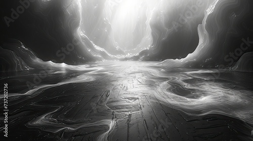 black and white sketch of a black wood floor with curves, in the style of striated resin veins, intricate psychedelic landscapes, mundane materials, darkroom printing, varying wood grains, fluid gestu photo