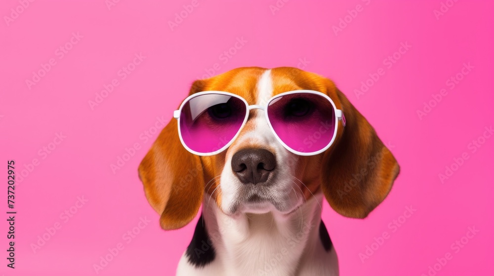 Creative animal concept. Beagle dog puppy in sunglass shade glasses isolated on solid pastel background, commercial, editorial advertisement, surreal surrealism