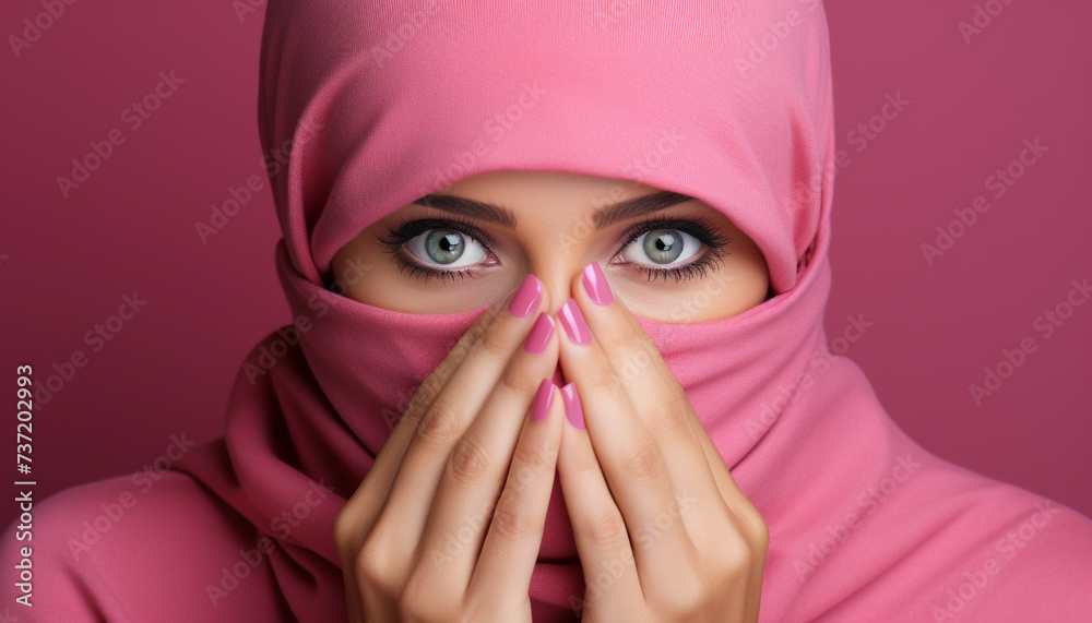 Beautiful woman in hijab, smiling, looking at camera with elegance generated by AI Beautiful woman in hijab, smiling, looking at camera with elegance generated by AI