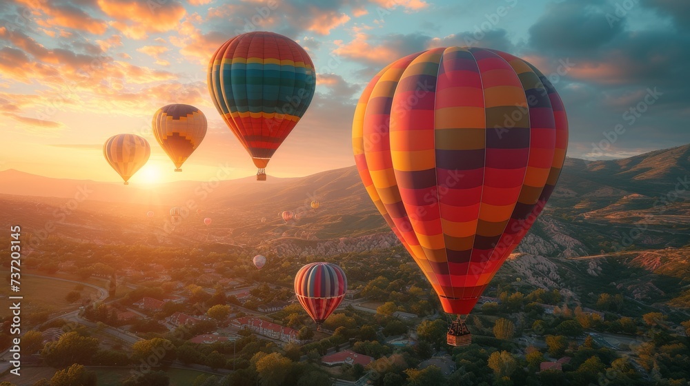 Naklejka premium Hot Air Balloon Adventure, a whimsical scene of colorful hot air balloons soaring over picturesque landscapes during a balloon festival.