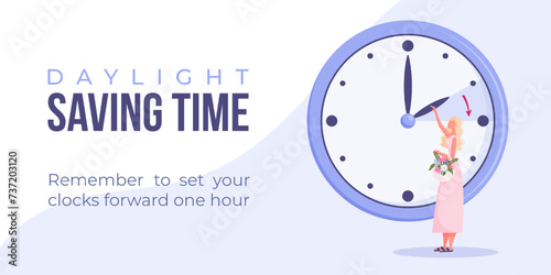 Daylight saving time begins. Spring forward banner, poster. Vector illustration with woman turning clock hour ahead, woman with flowers in bag.