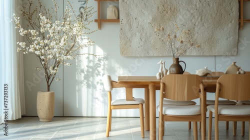 a dining room table with a vase of flowers and a vase of baby's breath on top of it. photo