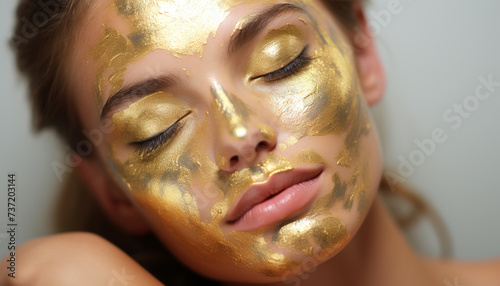 Beautiful young woman with closed eyes, wearing gold fashion, indoors generated by AI