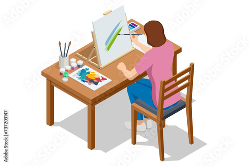 Isometric Female artist painting on canvas at home. Painting, drawing and artwork concept. Art, creativity, hobby, job and creative occupation