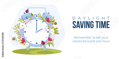 Daylight saving time concept. Spring forward. Clock set to the summertime. Web banner of clock turning hour ahead with spring flowers, bees and ladybugs decoration.