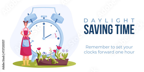 Daylight saving time begins. Spring forward banner, poster. Vector illustration with clock turning hour ahead, woman with watering can water flowers.