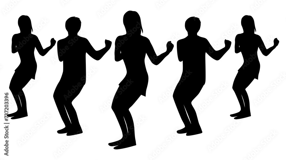 Obraz premium 腕を横に振るダンスをする男女5人のシルエット