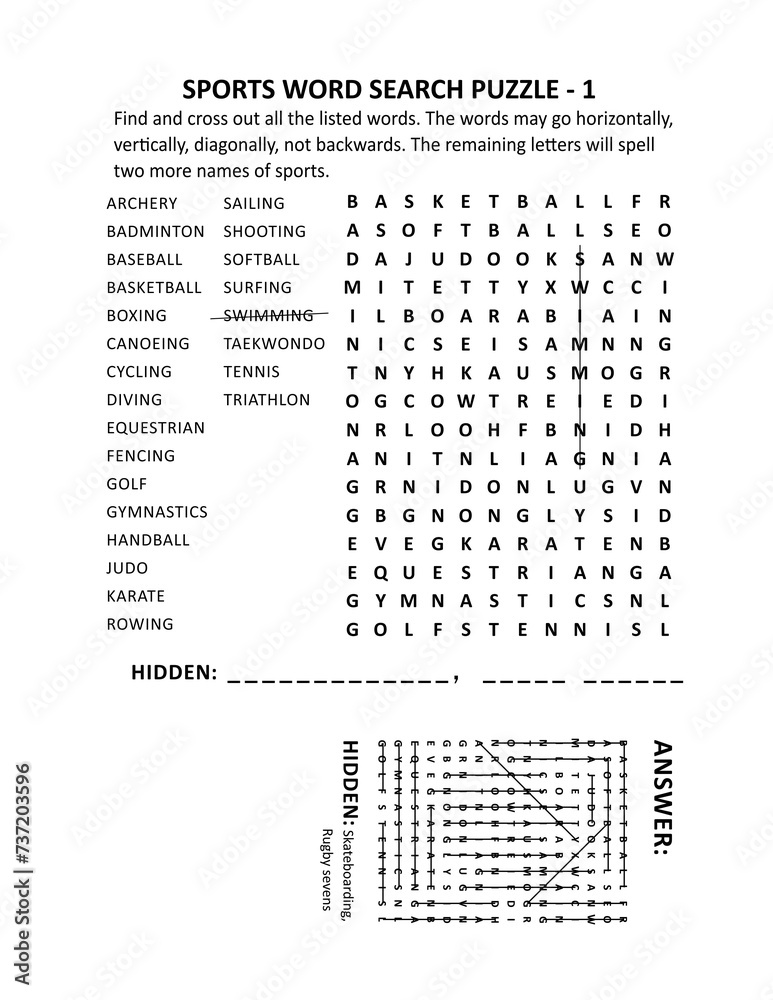 Naklejka premium Sports word search puzzle - 1. Suitable both for kids and adults. Answer included.