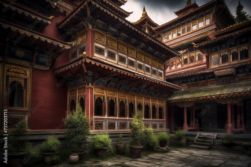 An intricate, traditional Asian architecture with detailed carvings, surrounded by lush greenery under a cloudy sky, ai generative