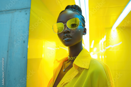 A stylish woman flaunts her fashion sense with confidence, sporting yellow sunglasses that add a pop of color to her already captivating human face photo